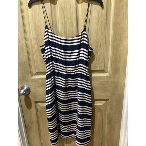 J. CREW NAVY IVORY STRIPE SPAGHETTI STRAP 100% SILK DRESS WOMENS SIZE 6 - Picture 1 of 5